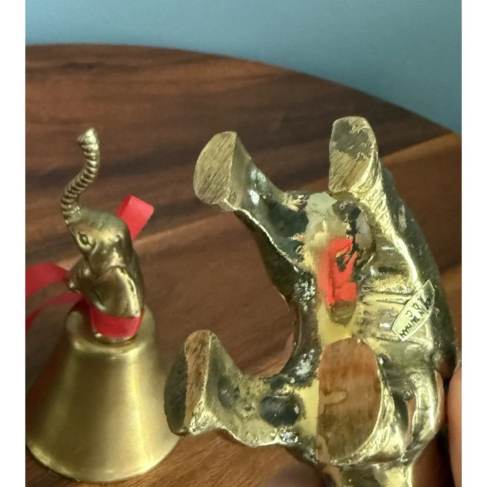 Lot of 2‎ Vintage Brass Elephants Figurine Bell Lucky Trunk Up Trinkets Mini